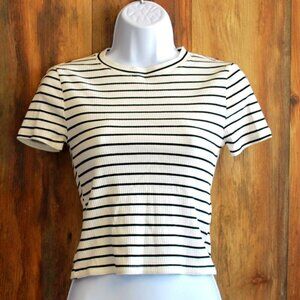 Divided Crop Tee Black White Stretch Stripes Women's Small